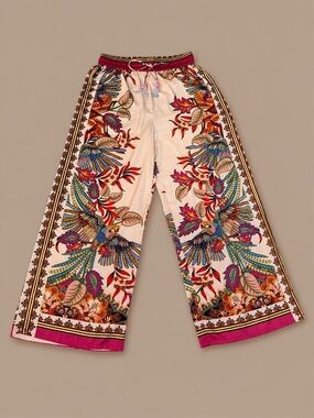 Rachel Zoe Tropical Bird Print Wide Leg Palazzo Pants Pink Small Vacation